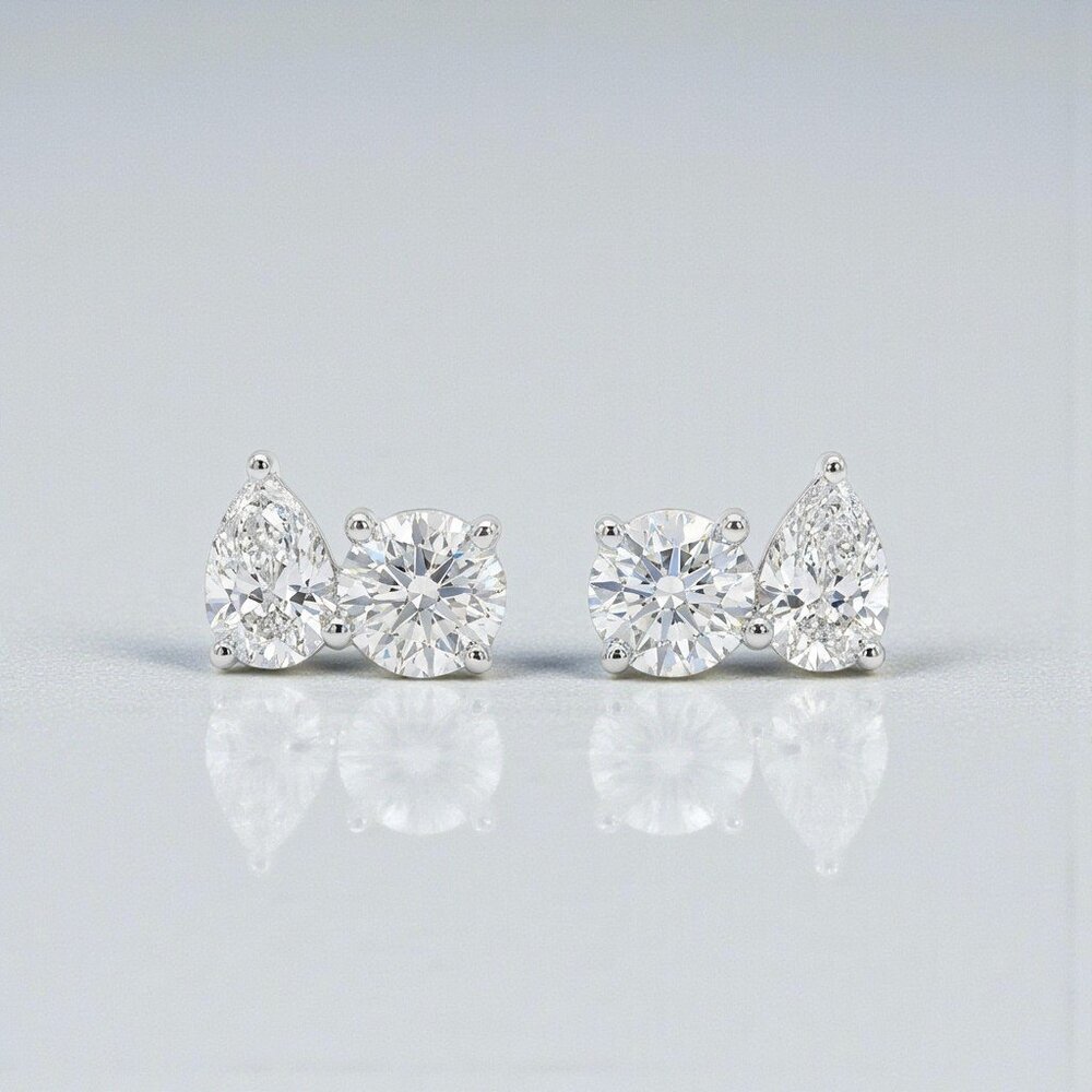 Diamond Teardrop and Round Stud Earrings - White